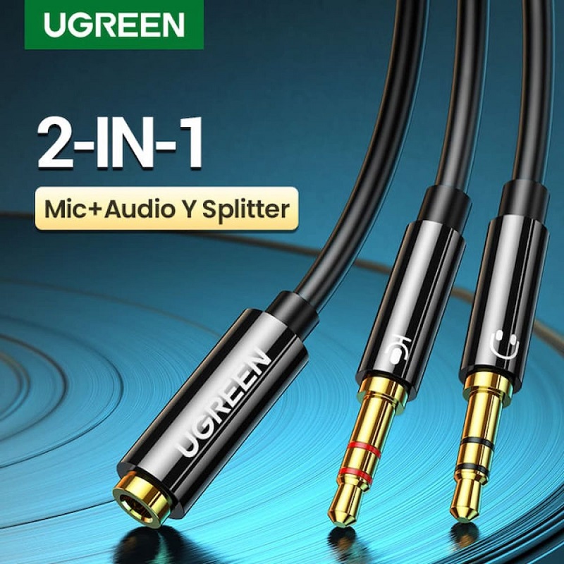 Ugreen 20898 Dây cáp gộp mic và tai nghe sang jack 3.5mm âm, ABS, đen, 20cm