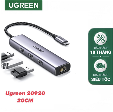 Ugreen 20920 Bộ hub chia USB Type-C to 3 cổng USB 3.0 kèm Lan RJ45 cao cấp
