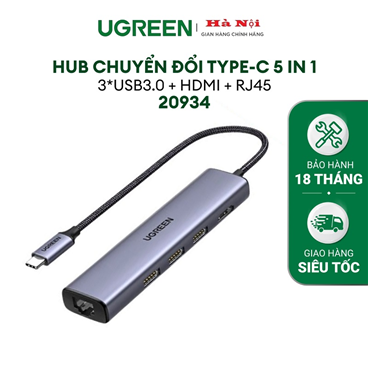 Ugreen 20934 Bộ chuyển UGREEN USB-C sang 3*USB 3.0 + HDMI + RJ45 4K60Hz