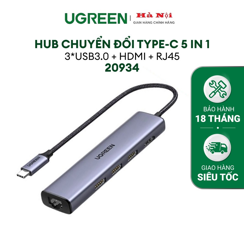 Ugreen 20934 Bộ chuyển UGREEN USB-C sang 3*USB 3.0 + HDMI + RJ45 4K60Hz