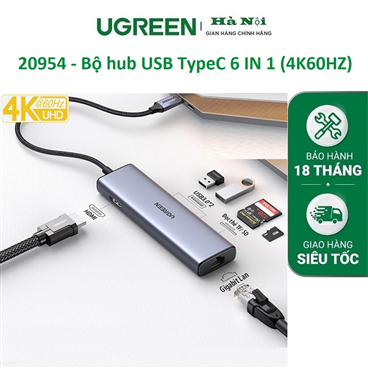 Ugreen 20954 -  Bộ chuyển đổi đa năng USB-C sang 2*USB 3.0+HDMI 4K60HZ+RJ45+SD/TF (6 IN 1)