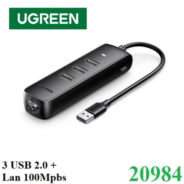 UGREEN 20984 Hub chia USB 2.0 ra 3 cổng USB 2.0 + Lan 100Mbps