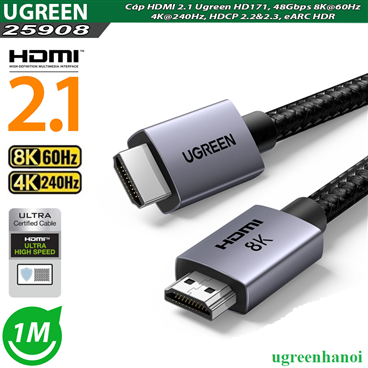 Ugreen 25908 Cáp HDMI 2.1 dài 1M HD171, 48Gbps 8K@60Hz 4K@240Hz, HDCP 2.2&2.3, eARC HDR cao cấp