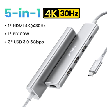 Ugreen 35580 Hub Revodok USB Type-C 5 trong 1 ra HDMI 4K@30Hz, USB 3.0, Sạc PD 100W cao cấp