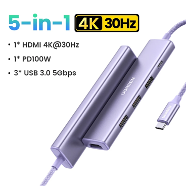 Ugreen 35582 Hub Revodok USB Type-C 5 trong 1 ra HDMI 4K@30Hz, USB 3.0, Sạc PD 100W cao cấp