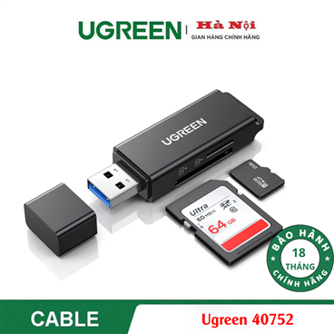 Ugreen 40752, Đầu Đọc Thẻ Nhớ SD/TF USB 3.0 Màu Đen Cao Cấp