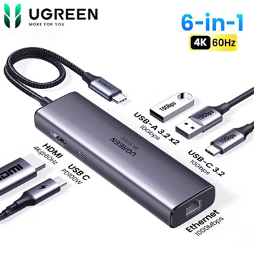 Ugreen 45000 Hub USB-C Đa Năng 6 Trong 1, HDMI+2*USB-A 3.2+1*USB 3.2 C+RJ45+ 100W PD cao cấp