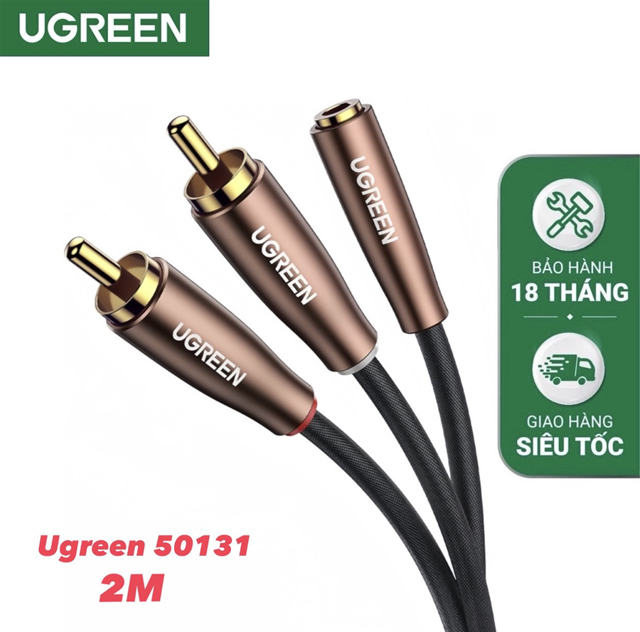 Ugreen 50131 cáp chuyển đổi âm thanh 3.5mm sang 2 cổng RCA dương dài 2M bện nylon cao cấp (màu nâu)