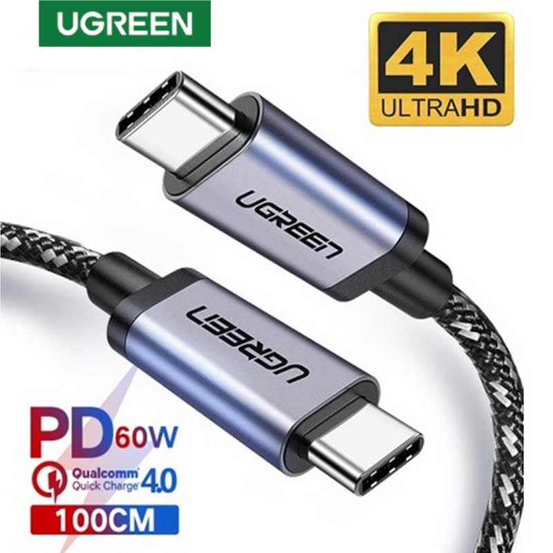 Ugreen 50450 Cáp tròn UGREEN USB-C to USB-C 3.1 Gen 1 5Gbps M/M Vỏ nhôm 2m (Xám-Đen)