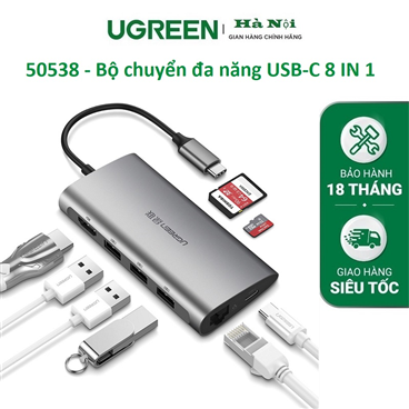 Ugreen 50538 - Bộ chuyển đa năng USB-C sang 3*USB3.0+PD+HDMI+RJ45 Gigabit +SD+TF (8 IN 1)