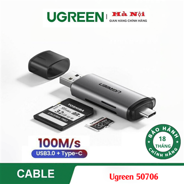 Ugreen 50706,Đầu đọc thẻ nhớ SD/TF chuẩn USB Type C và USB 3.0 Chính hãng Cao Cấp