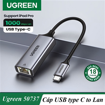 Ugreen 50737 cáp chuyển USB Type-C to LAN hỗ trợ 1000 Mbps bọc vỏ nhôm cao cấp