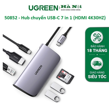 Ugreen 50852 - Bộ chuyển đa năng USB-C sang 2xUSB3.0+HDMI 4K30HZ+RJ45(Gigabit)+SD+TF+PD  (7 IN 1)