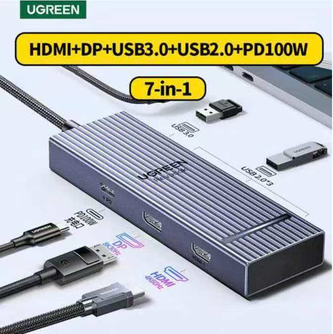Ugreen 55610 Bộ chia 7in1 Hub USB-C sang HDMI 4K-60Hz, DisplayPort 8K-30Hz, 4 cổng USB-A PD 100W