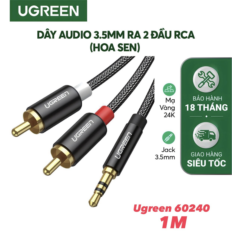 Ugreen 60240 cáp âm thanh 3.5mm ra 2 đầu RCA dài 1M bọc Nylon cao cấp