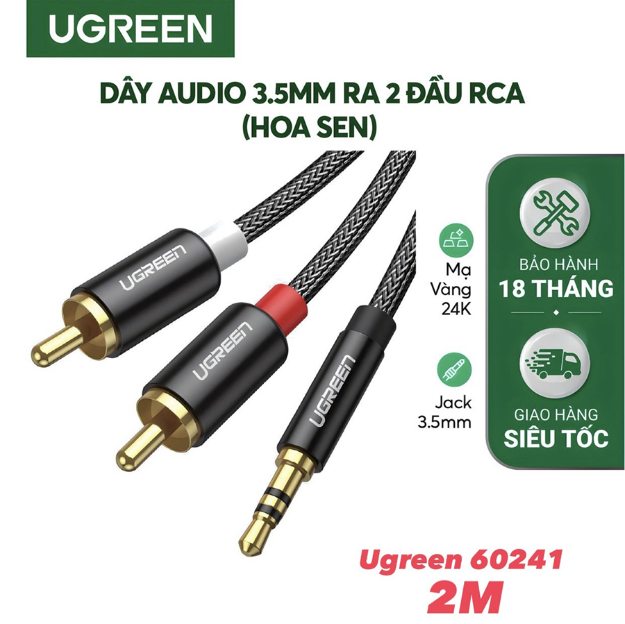 Ugreen 60241 cáp âm thanh 3.5mm ra 2 đầu RCA dài 2M bọc Nylon cao cấp