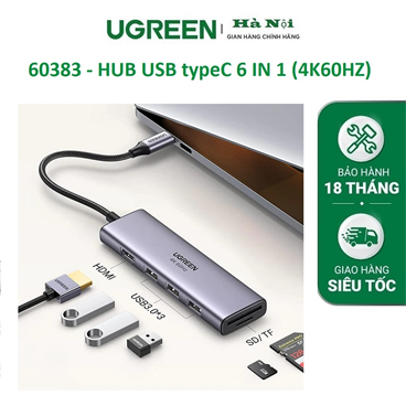 Ugreen 60383 - Bộ chuyển USB typeC sang 3×USB3.0+HDMI (4K60HZ)+SD TF 6 IN 1
