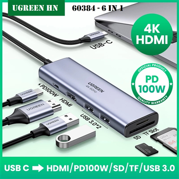Ugreen 60384 - Bộ chuyển USB typeC sang 2xUSB3.0+HDMI (4K60HZ)+SD TF+PD 6 IN 1