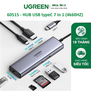 Ugreen 60515 - Bộ chuyển đổi đa năng USB-C sang 2xUSB3.0+HDMI 4K@60Hz +SD&TF+RJ45+PD (7 IN 1)