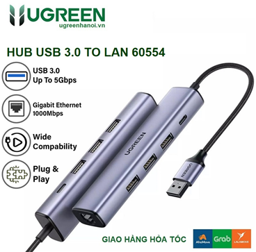 Ugreen 60554 Bộ chia, Hub chuyển USB 3.0 sang 3*USB 3.0 + PD USB typeC + RJ45 Gigiatbit 20CM