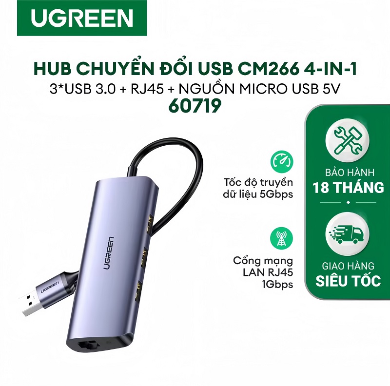 Ugreen 60719 Bộ chia USB 3.0 ra 3 cổng USB 3.0 và 1 Lan Gigabit cao cấp