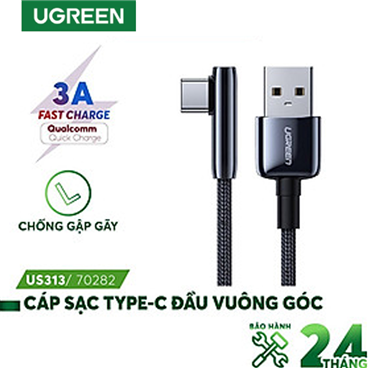 Ugreen 70282 Cáp UGREEN USB 2.0-A sang USB-C góc hợp kim kẽm có dây bện 0,5m (Đen)