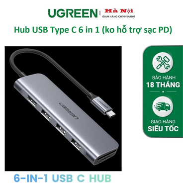 Ugreen 70410 - Bộ chuyển USB-C sang 3 Ports USB3.0-A Hub + HDMI 4K30HZ + TF/SD 6 IN 1