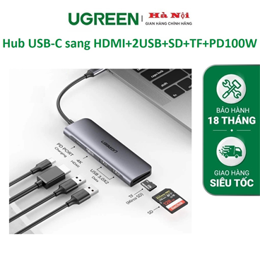 Ugreen 70411 - Bộ chuyển USB typeC sang 2xUSB3.0+HDMI (4K30HZ)+SD TF + PD 6 IN 1