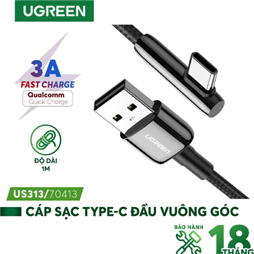 Ugreen 70413 UGREEN USB 2.0-A to Angled USB-C Cable Zinc Alloy Shell with Braided 1m (Black)