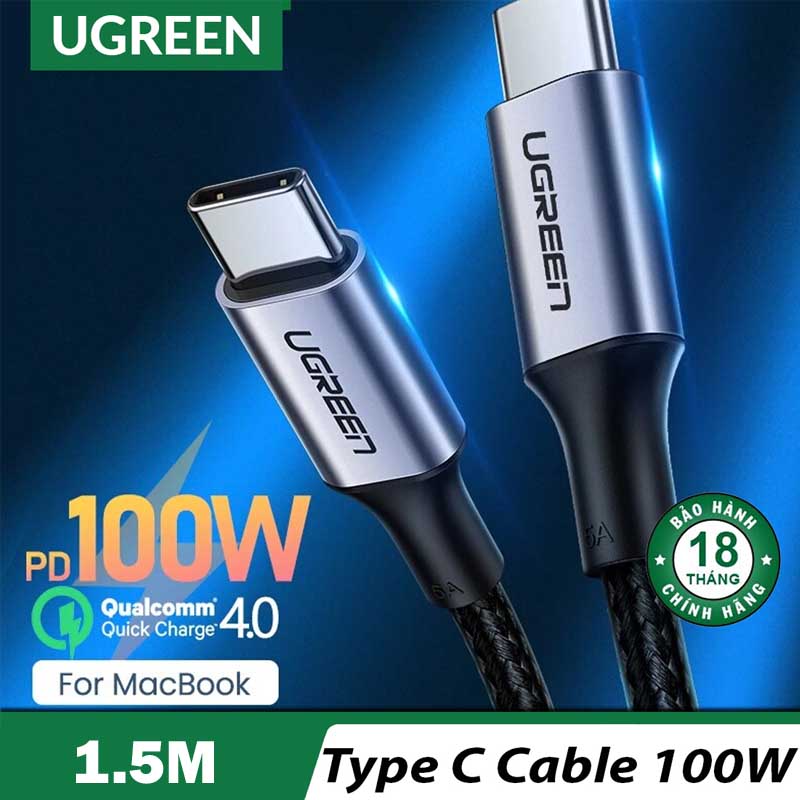 Ugreen 70428 Cáp dữ liệu UGREEN Type C 2.0 Male To Type C 2.0 Male 5A 1.5M chính hãng