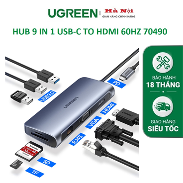 Ugreen 70490 - Bộ chuyển đổi USB-C sang HDMI 4K60HZ 9 IN 1