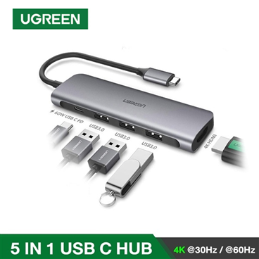 Ugreen 70495 Bộ chuyển đổi nguồn UGREEN USB Type C sang USB 3.0*3 + HDMI + PD 4K@60Hz