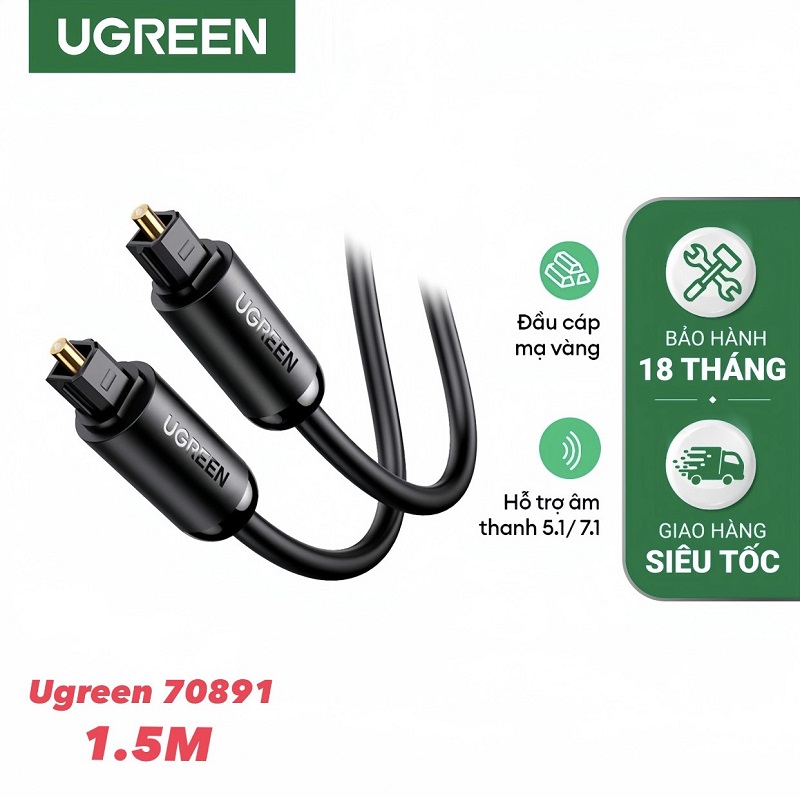 Ugreen 70891 cáp quang âm thanh Digital Optical Audio Toslink dài 1.5M mạ vàng 24K cao cấp (màu đen)