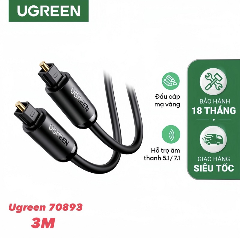 Ugreen 70893 cáp quang âm thanh Digital Optical Audio Toslink dài 3M mạ vàng 24K cao cấp (màu đen)