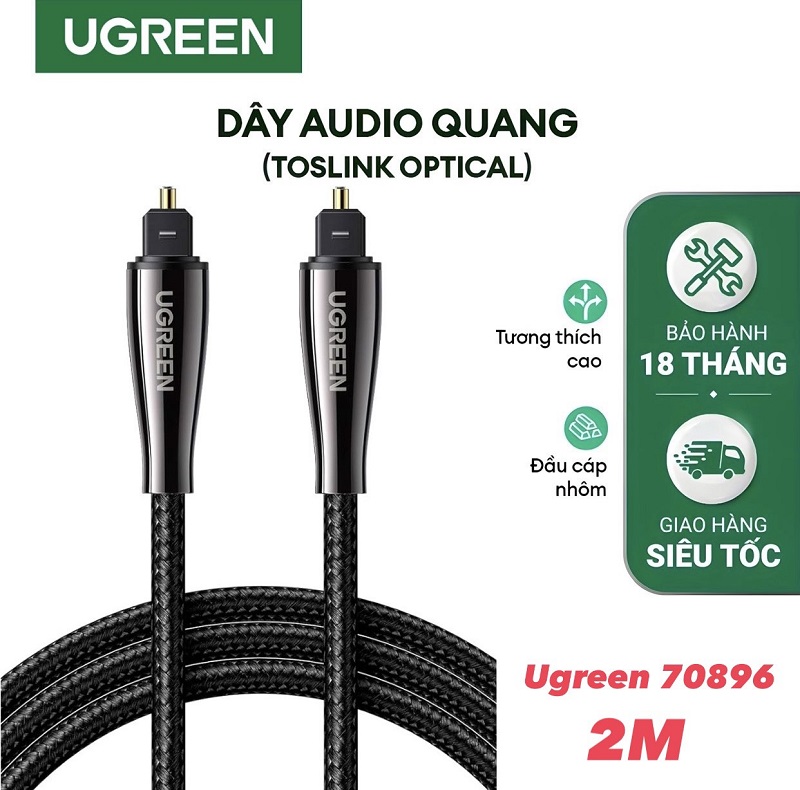 Ugreen 70896 cáp quang âm thanh kỹ thuật số Optical dài 2M đầu nối mạ vàng 24K cao cấp (màu đen)