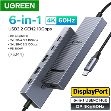 UGREEN 75244 Revodok Pro 6 trong 1 USB-C Hub sang DisplayPort 4K 60Hz, USB-A và USB-C 3.2 , PD 100W