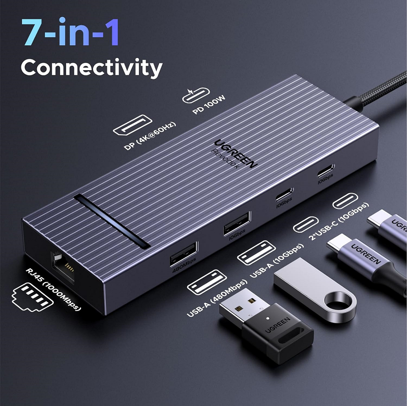 UGREEN 75774 Revodok Pro 7in1 Hub USB-C sang DisplayPort 4K 60Hz, PD 100W, 10Gbps USB-A, USB-C 3.2