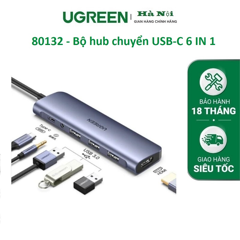 Ugreen 80132 - Bộ chuyển đổi đa năng USB-C sang HDMI 4K30HZ+3*USB 3.0 A+ AUX3.5mm+PD (6 IN 1)