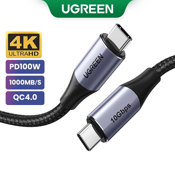 Ugreen 80150 Cáp bện UGREEN USB-C 3.2 M/M Gen2 5A 1m (Đen) truyền hình ảnh 4K