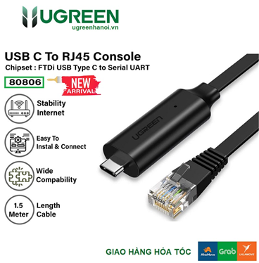 UGREEN 80186 Cáp lập trình USB-C to RJ45 Console dài 1.5m