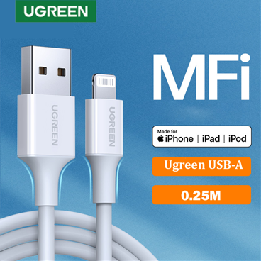 Ugreen 80312 Cáp UGREEN USB-A Male to Lightning Male Mạ Niken Vỏ ABS 0.25m (Trắng)