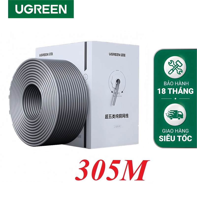 Ugreen 80761 Cáp mạng Cat6e U/UTP 0.57mm cuộn dài 305M 8P8C 23AWG 250Mhz cao cấp