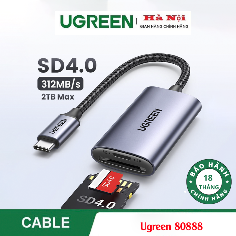 Ugreen 80888,Đầu đọc thẻ SD/TF chuẩn USB Type C Chính hãng Cao Cấp