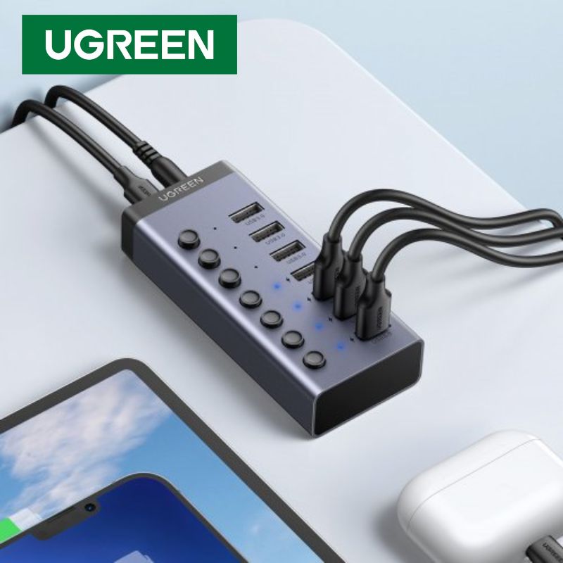 UGREEN 90305 Bộ HUB chia 7 cổng USB 3.0 5Gbps vỏ nhôm, công tắc