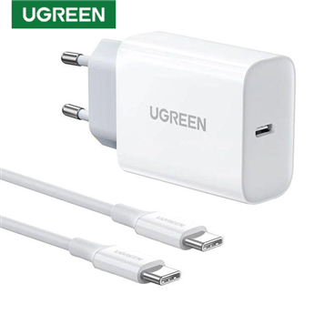 Ugreen 90472  Bộ Sạc Nhanh UGREEN 30W USB-C Kèm Cáp 2m C-C (Trắng) EU chính hãng