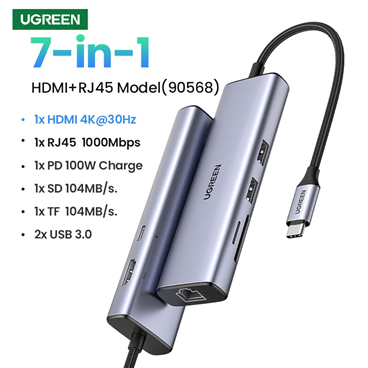 Ugreen 90568 Bộ chuyển đổi cổng USB-C sang 2*USB3.0+HDMI+RJ45+SD&TF +PD 4K30Hz