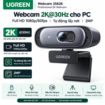 Webcam 2K@30Hz cho PC, Webcam Full HD 1080p/60fps, Tự động lấy nét Ugreen 35626 (2MP) cao cấp