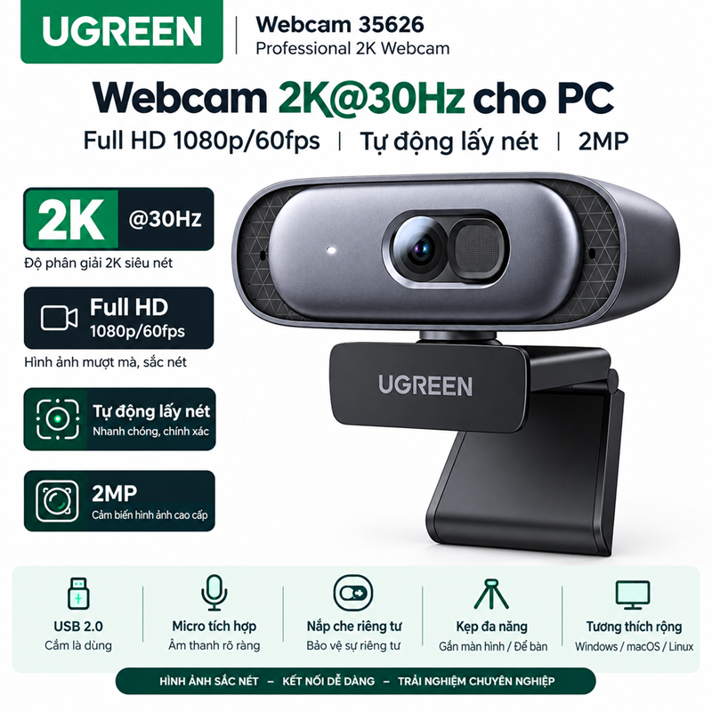 Webcam 2K@30Hz cho PC, Webcam Full HD 1080p/60fps, Tự động lấy nét Ugreen 35626 (2MP) cao cấp